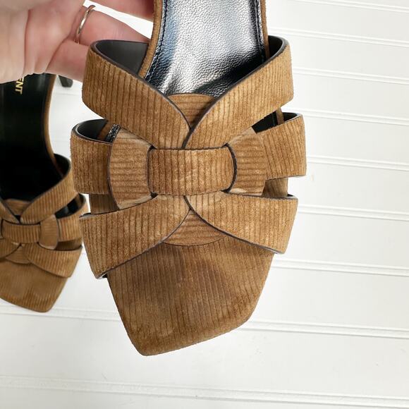 Saint Laurent Tribute 85 Mules Brown Corduroy Woven Heeled Sandals Size 39.5 - Picture 10 of 14